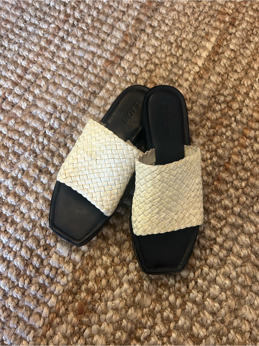 St. Agni Cream and Black Woven Leather Sandals